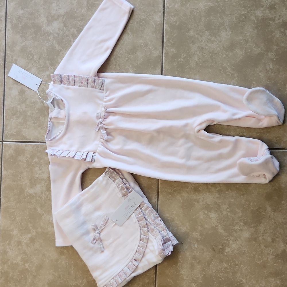 B.S. pink velvet footsie with floral ruffles & muslin blanket